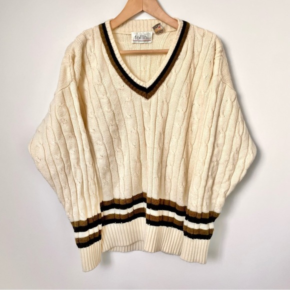 Vintage Preppy Cream Cable Knit Varsity Academia V Neck Sweater - Picture 5 of 8